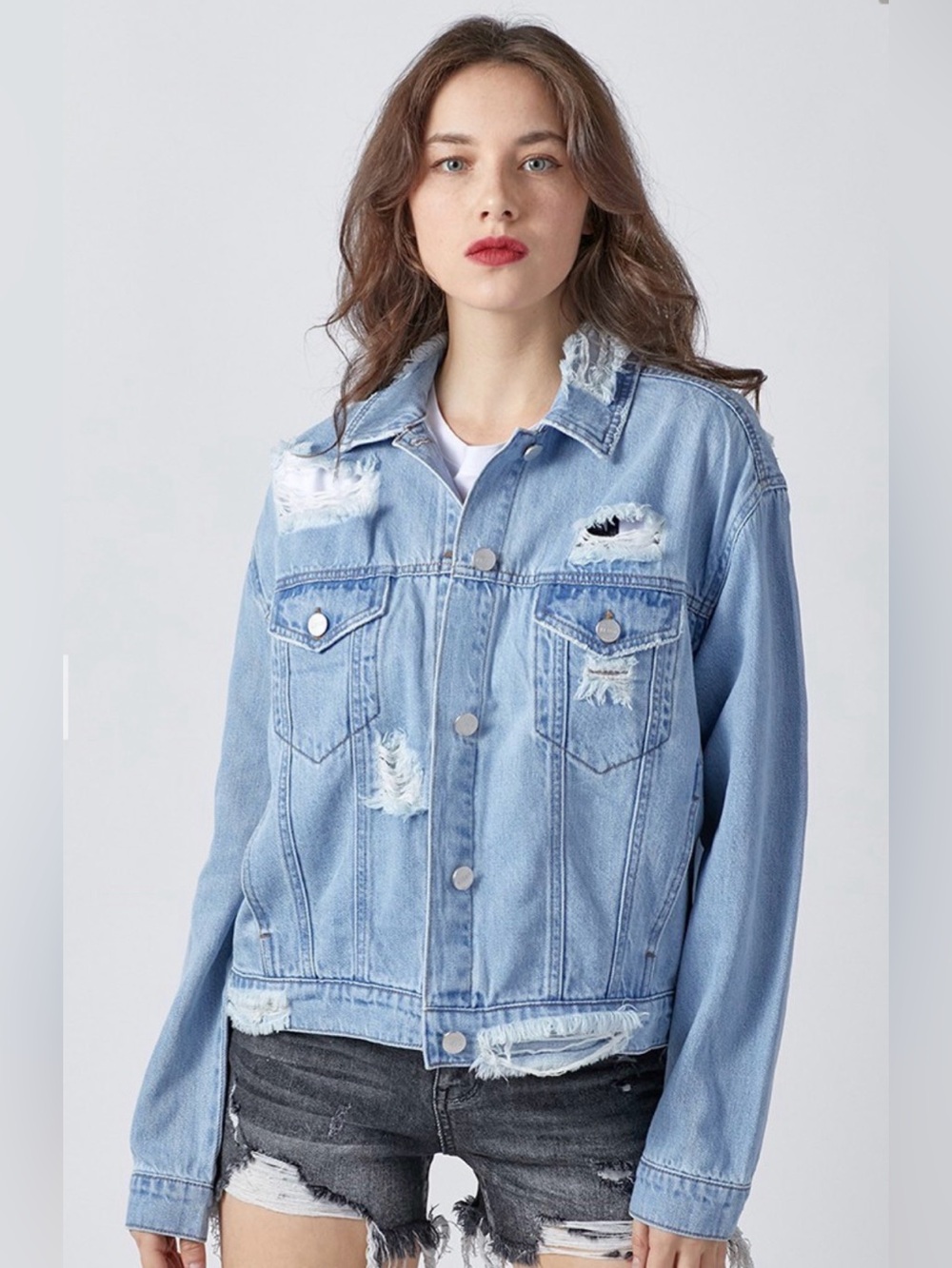55.❤️ RISEN PLUS Light Blue Distressed Oversized Denim Jacket NEW
